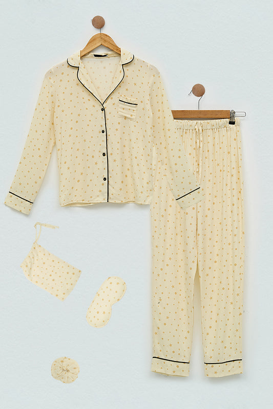 Maya - Pyjama Set aus Viskose - Gelb mit Muster - 7 Teile