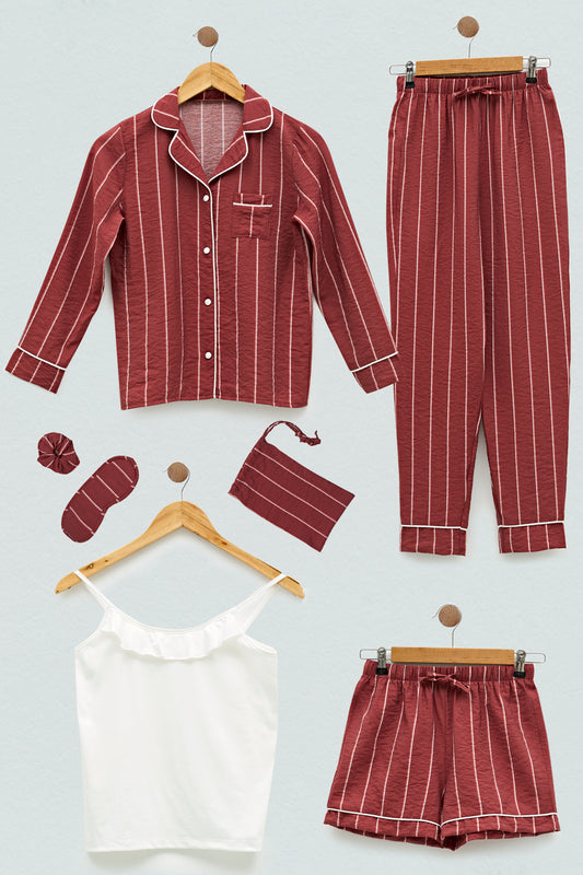 Nora - Pyjama Set aus Viskose - Bordeaux gestreift - 7 Teile
