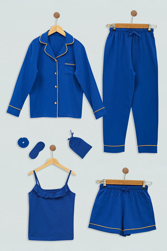 Hannah  - Pyjama Set aus Bio Baumwolle - Blau - 7 Teile